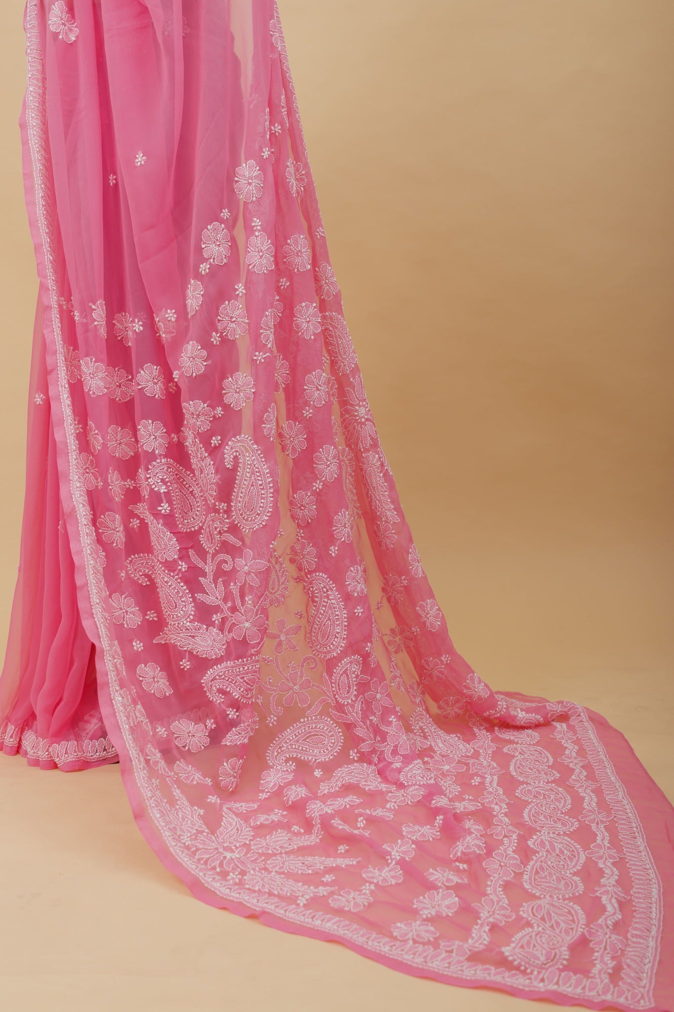 Arsh Handcrafted Semi Georgette Heavy Palla Chikan Embroidered Saree - arshchikan