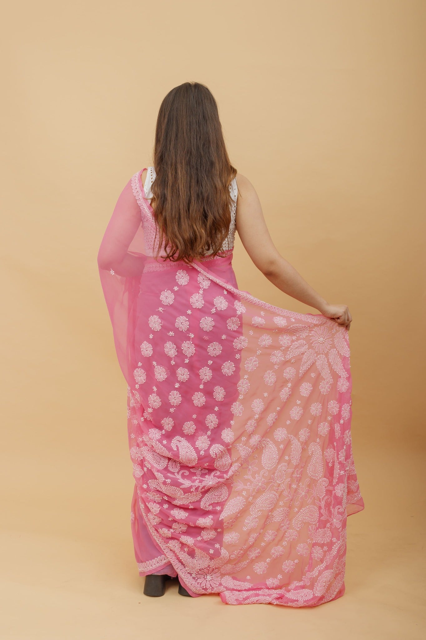 Arsh Handcrafted Semi Georgette Heavy Palla Chikan Embroidered Saree - arshchikan