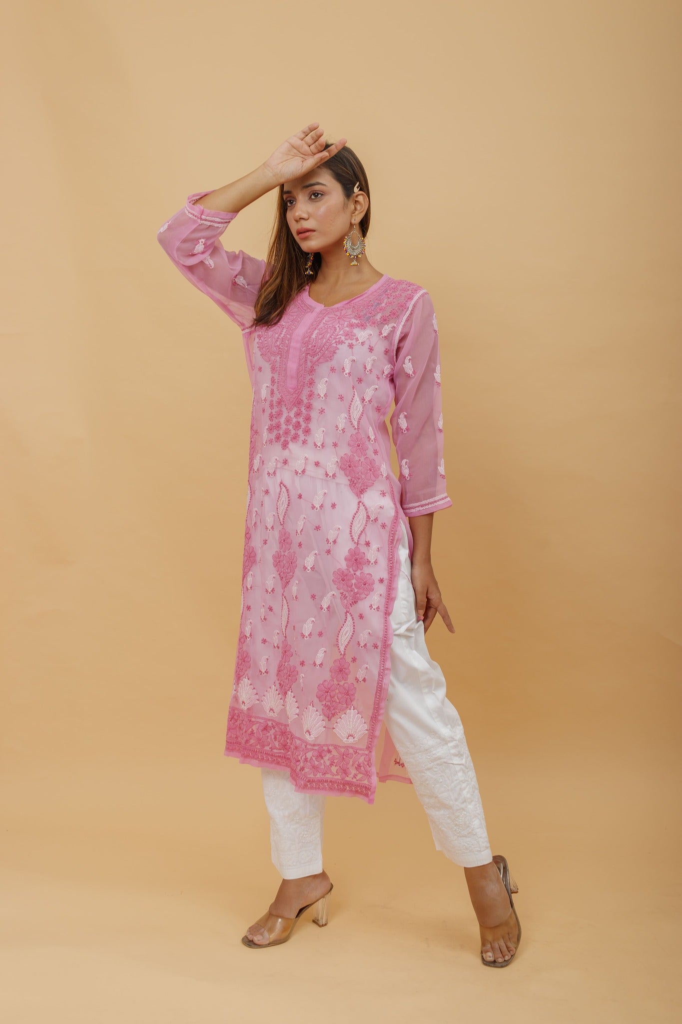 Arsh Handcrafted Onion Pink Semi Georgette Chikan Kurti - arshchikan