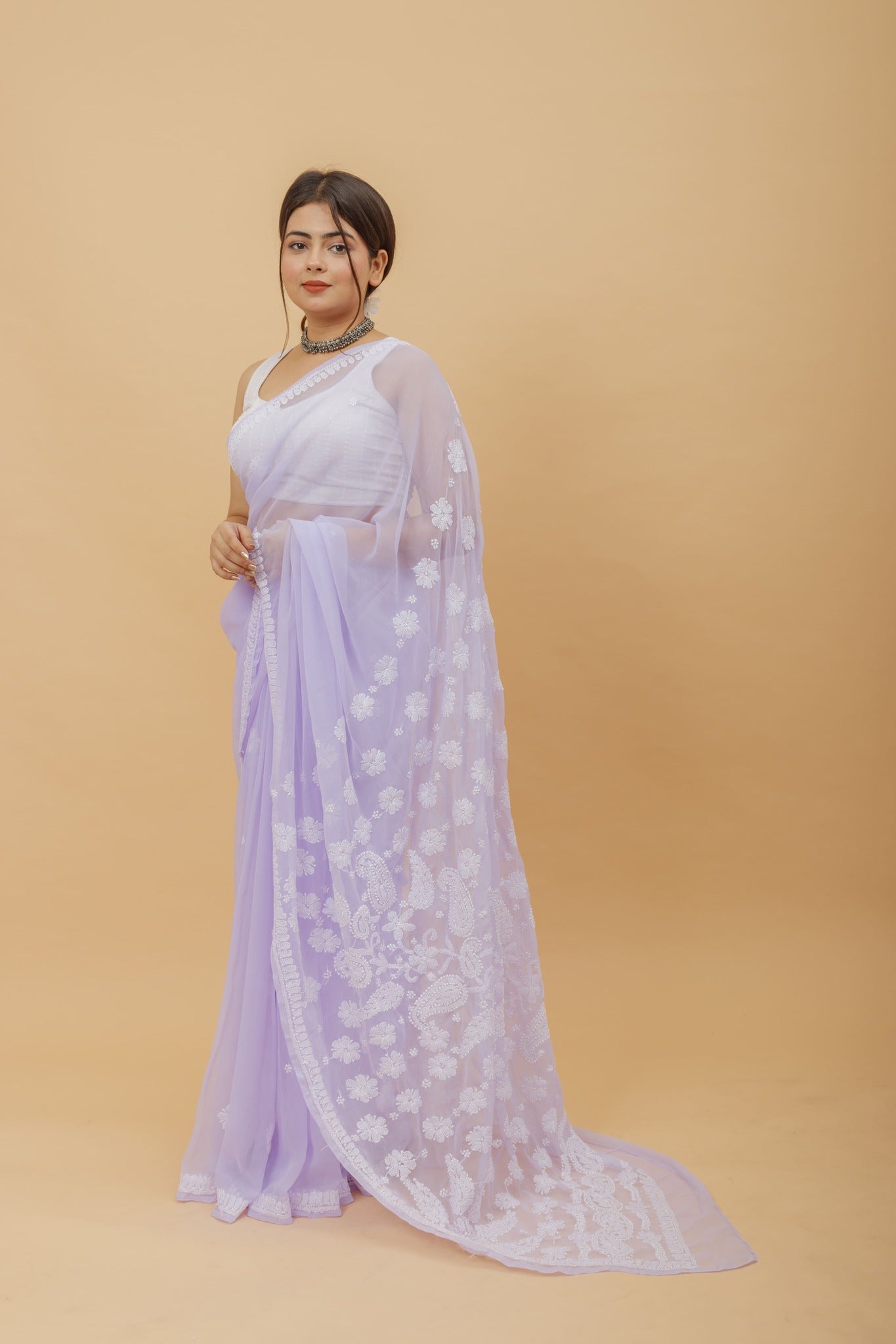 Arsh Handcrafted Semi Georgette Heavy Palla Chikan Embroidered Saree - arshchikan