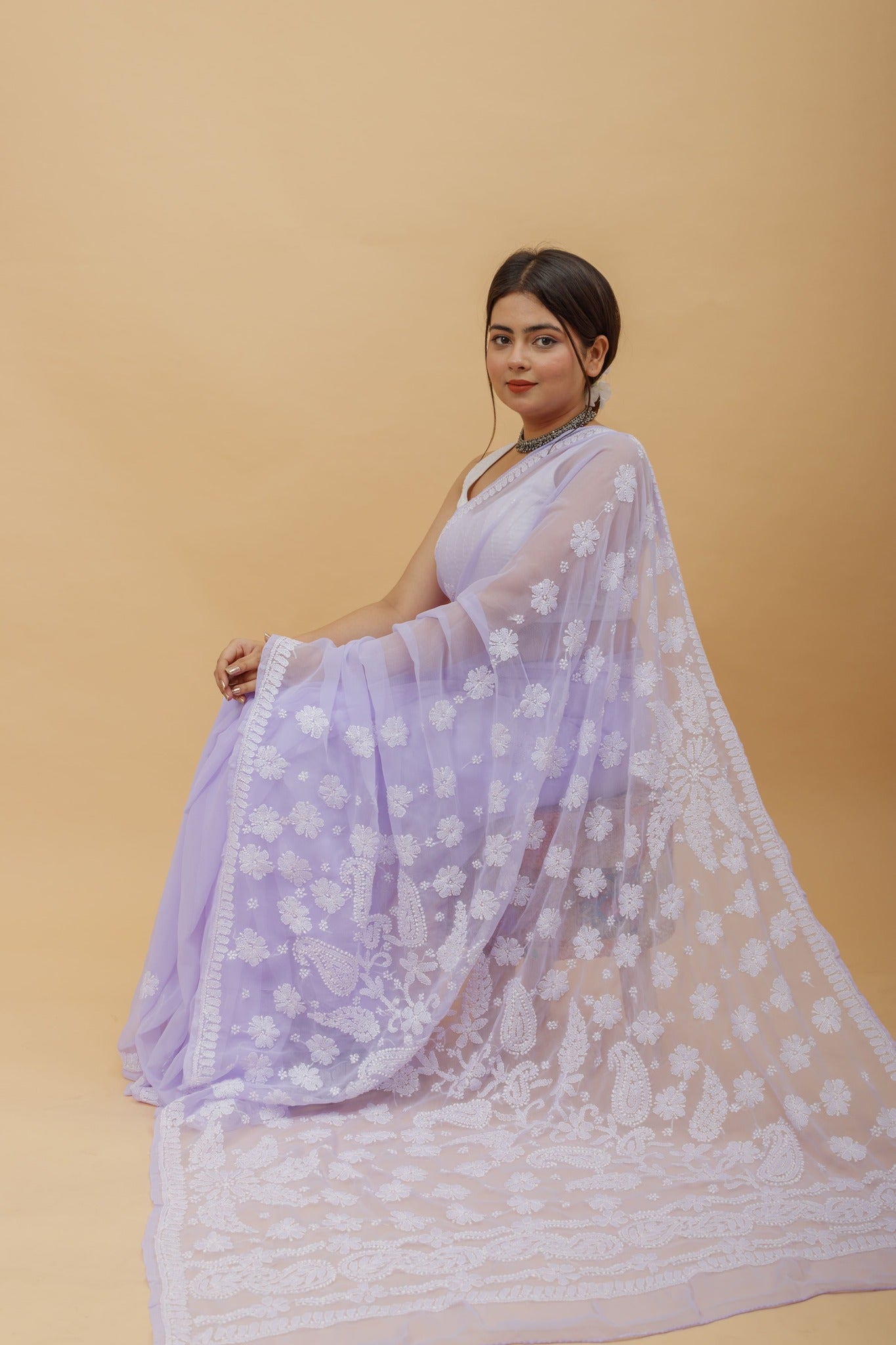 Arsh Handcrafted Semi Georgette Heavy Palla Chikan Embroidered Saree - arshchikan