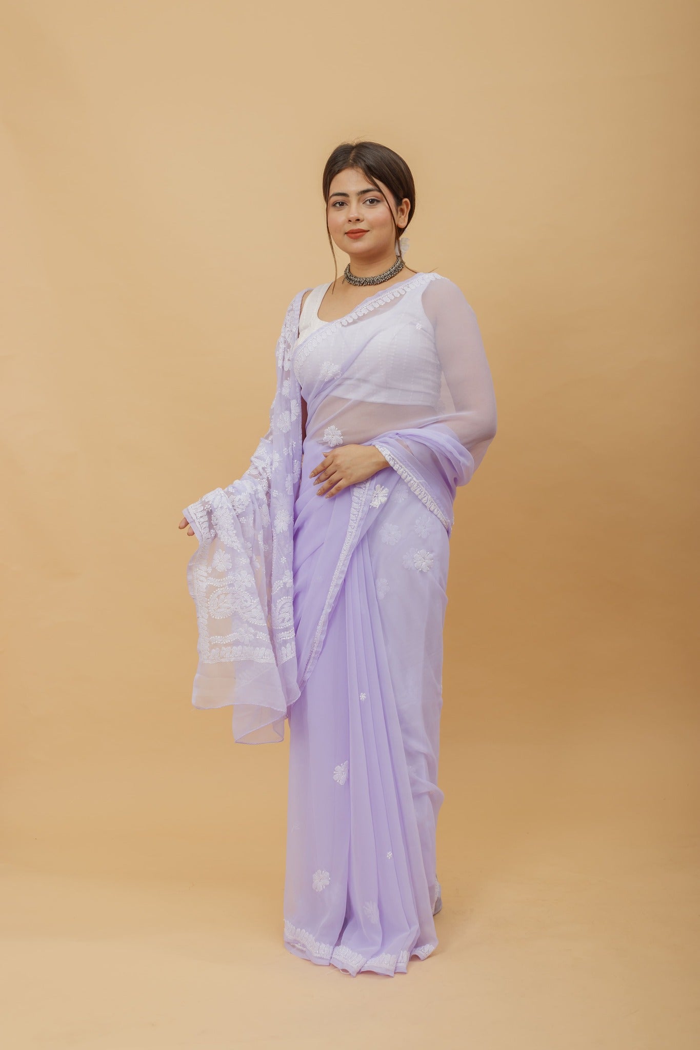 Arsh Handcrafted Semi Georgette Heavy Palla Chikan Embroidered Saree - arshchikan