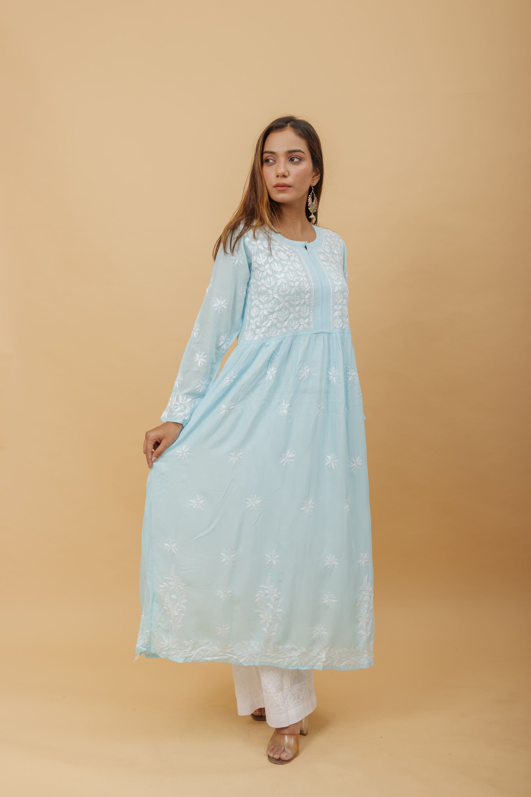 Arsh Handcrafted Sky Blue Modal Chikankari Gown Dress - arshchikan