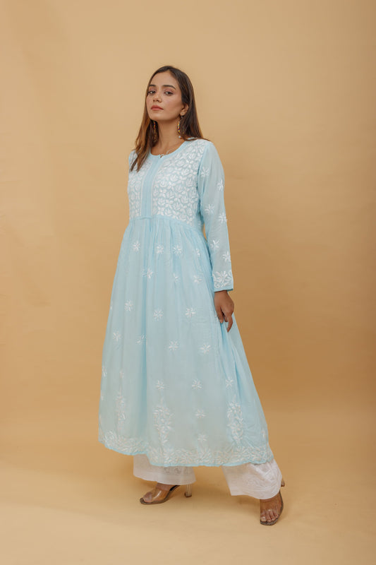 Arsh Handcrafted Sky Blue Modal Chikankari Gown Dress - arshchikan