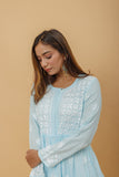 Arsh Handcrafted Sky Blue Modal Chikankari Gown Dress - arshchikan