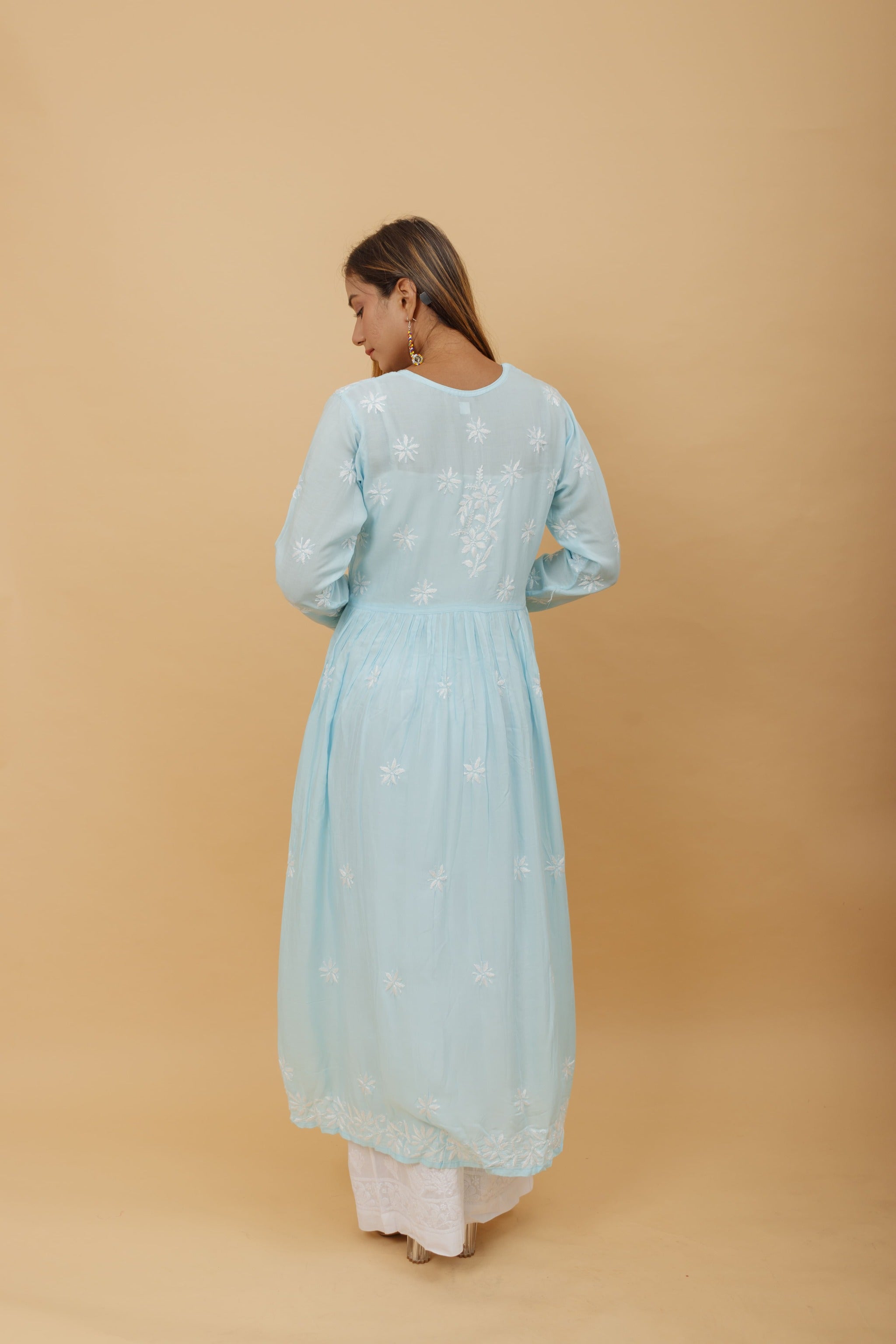 Arsh Handcrafted Sky Blue Modal Chikankari Gown Dress - arshchikan