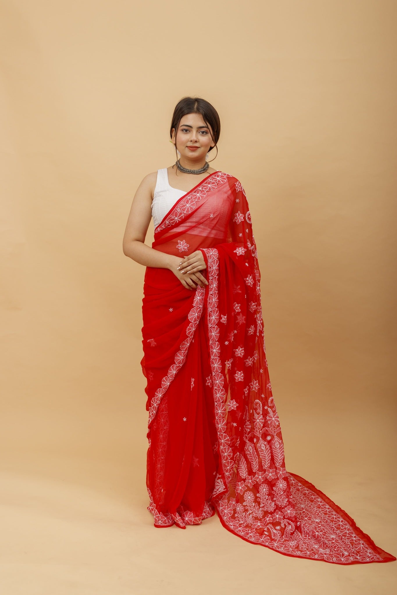 Arsh Handcrafted Semi Georgette Heavy Palla Chikan Embroidered Saree - arshchikan