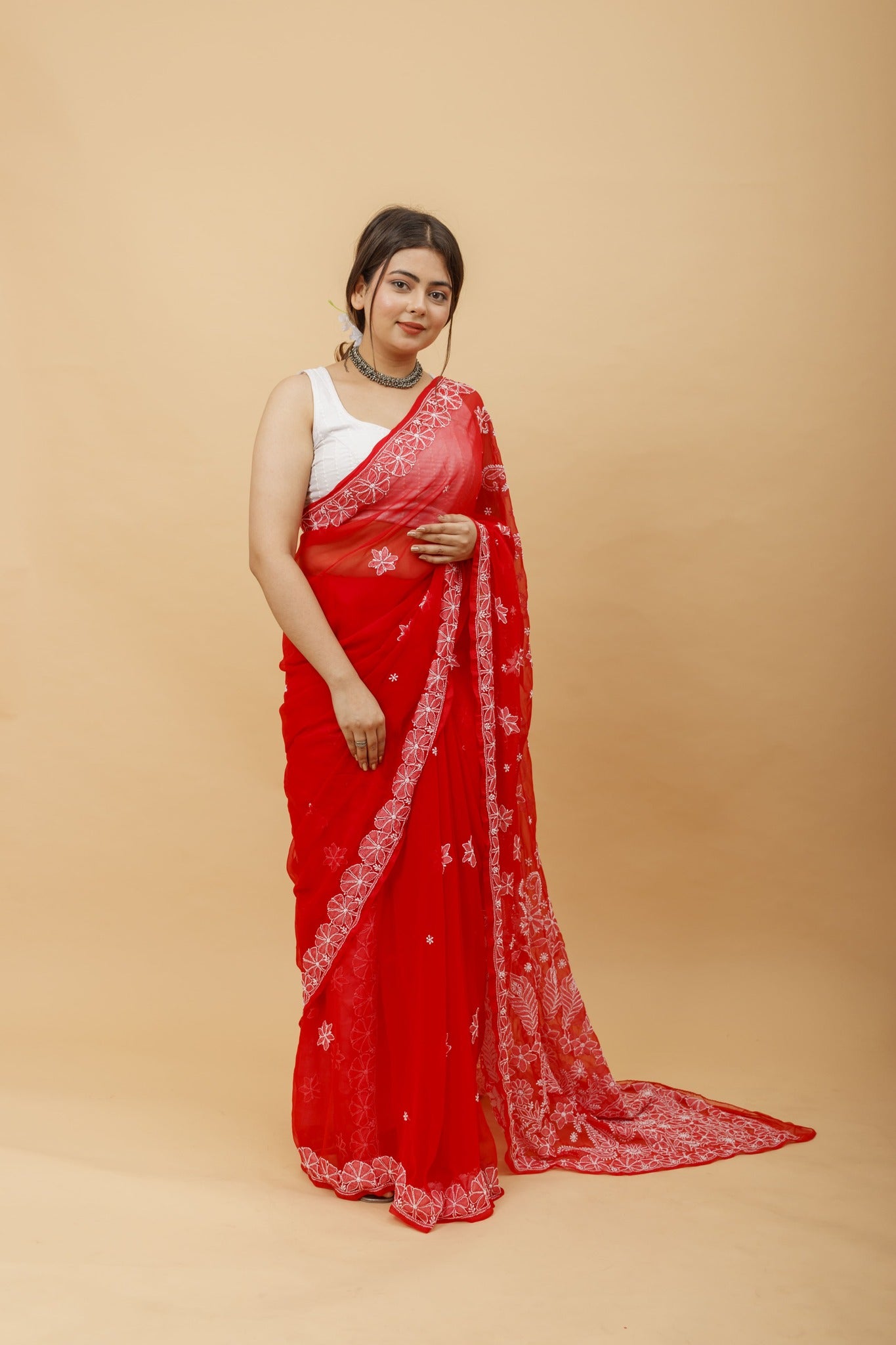 Arsh Handcrafted Semi Georgette Heavy Palla Chikan Embroidered Saree - arshchikan