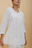 Arsh Handcrafted Pure Cotton White Chikan Short Top - arshchikan
