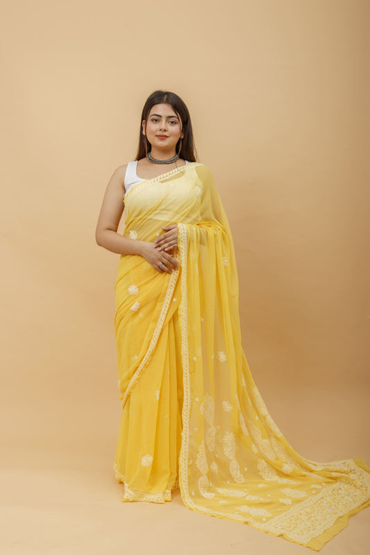 Arsh Handcrafted Semi Georgette Palla Boota Chikan Embroidered Saree - arshchikan