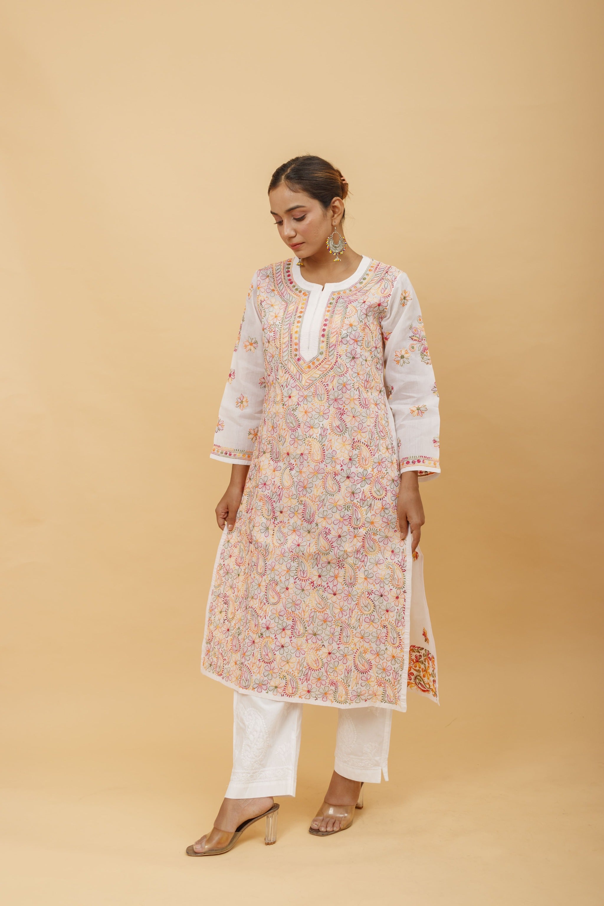 Arsh Handcrafted Multi on White Cotton Kurti - arshchikan