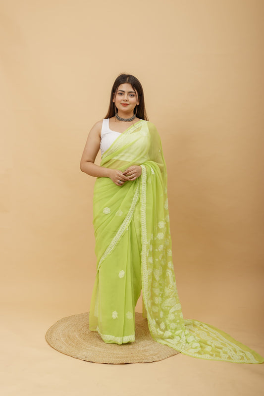 Arsh Handcrafted Semi Georgette Heavy Palla Chikan Embroidered Saree - arshchikan