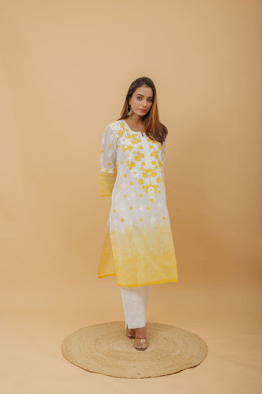 Arsh Handcrafted White and Yellow Pure Cotton Chikankari Kairi Printed Kurti - arshchikan