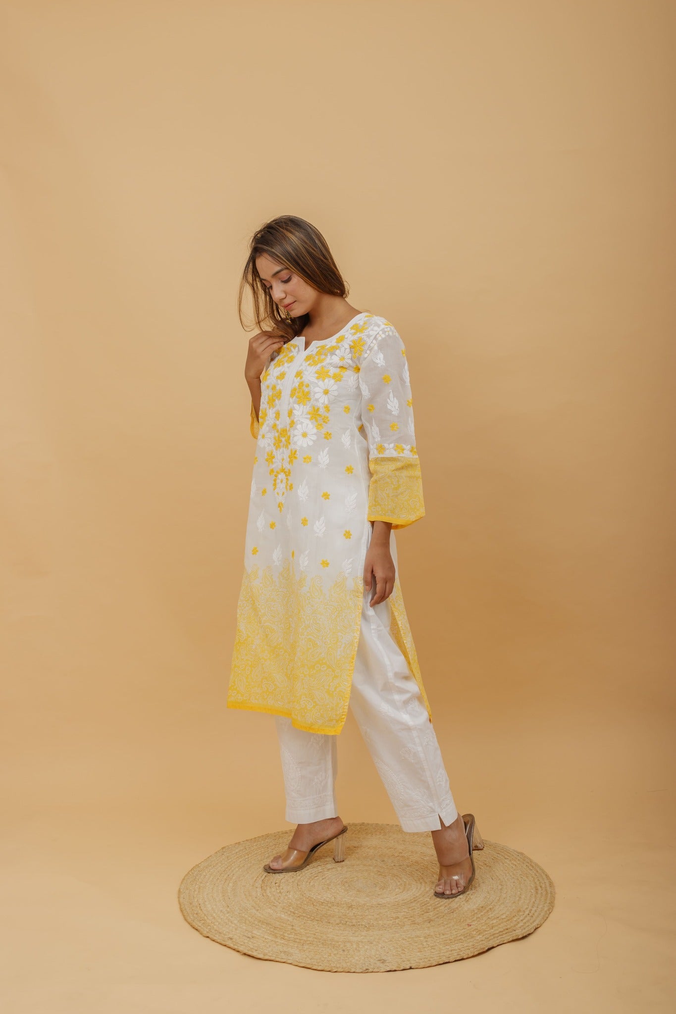 Arsh Handcrafted White and Yellow Pure Cotton Chikankari Kairi Printed Kurti - arshchikan