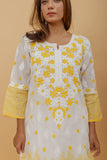Arsh Handcrafted White and Yellow Pure Cotton Chikankari Kairi Printed Kurti - arshchikan