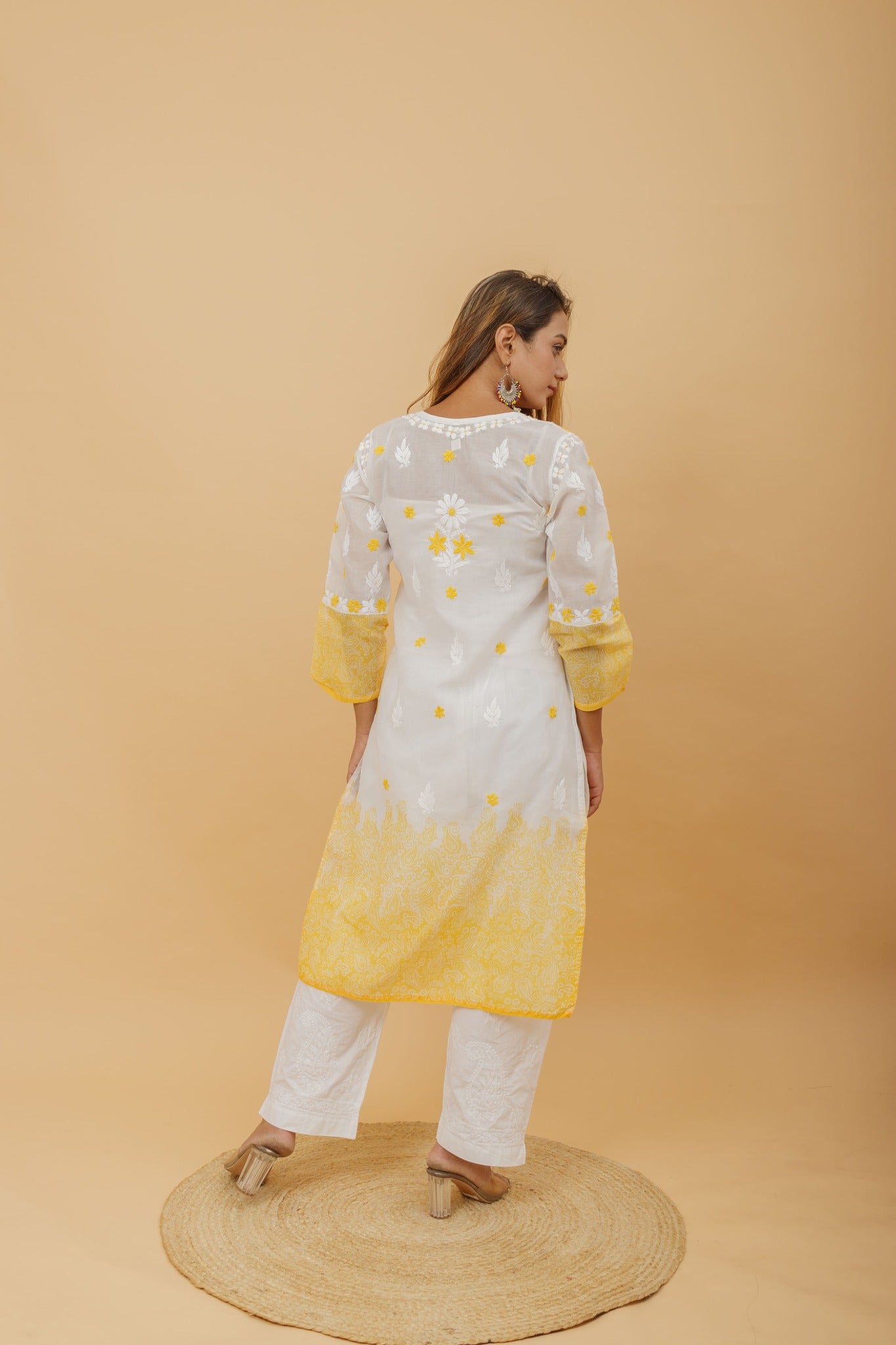 Arsh Handcrafted White and Yellow Pure Cotton Chikankari Kairi Printed Kurti - arshchikan