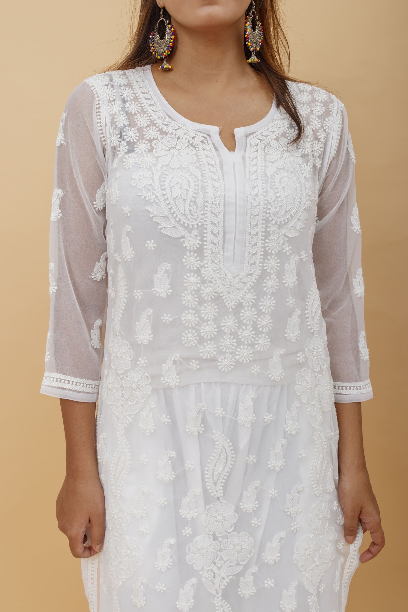 Arsh Handcrafted White Semi Georgette Chikan Kurti - arshchikan