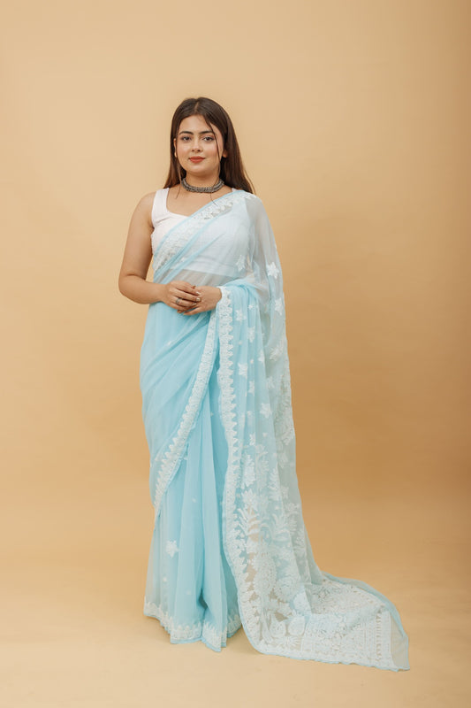 Arsh Handcrafted Semi Georgette Heavy Palla Chikan Embroidered Saree - arshchikan