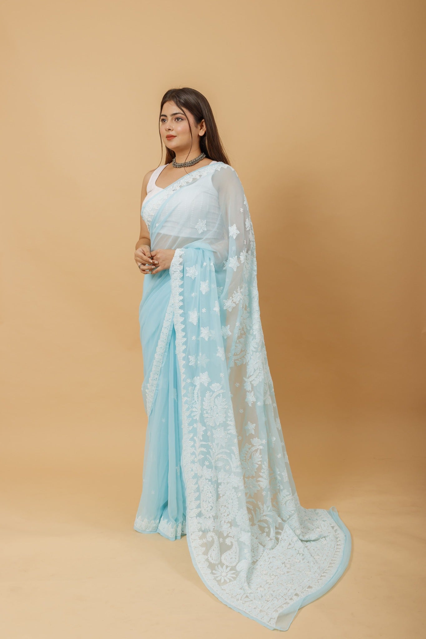 Arsh Handcrafted Semi Georgette Heavy Palla Chikan Embroidered Saree - arshchikan