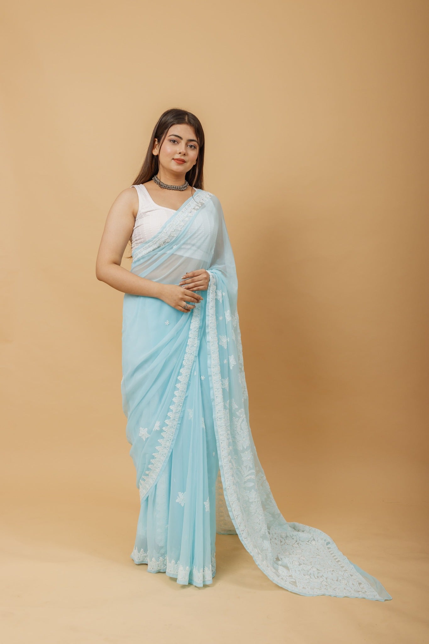 Arsh Handcrafted Semi Georgette Heavy Palla Chikan Embroidered Saree - arshchikan