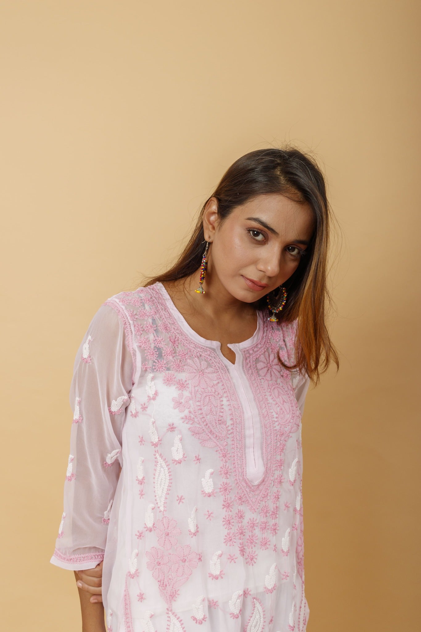 Arsh Handcrafted Pink Semi Georgette Chikan Kurti - arshchikan