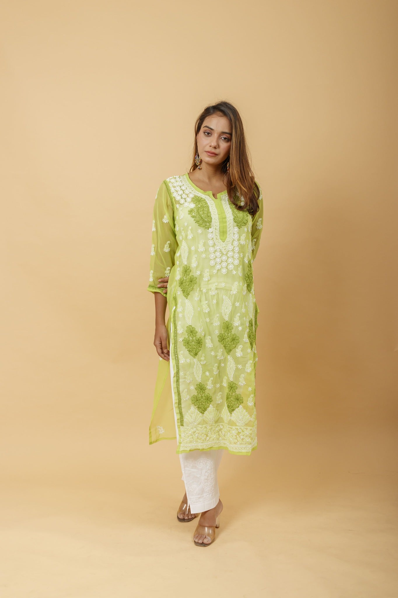 Arsh Handcrafted Green Semi Georgette Chikan Kurti - arshchikan