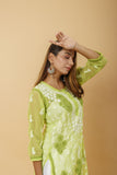 Arsh Handcrafted Green Semi Georgette Chikan Kurti - arshchikan