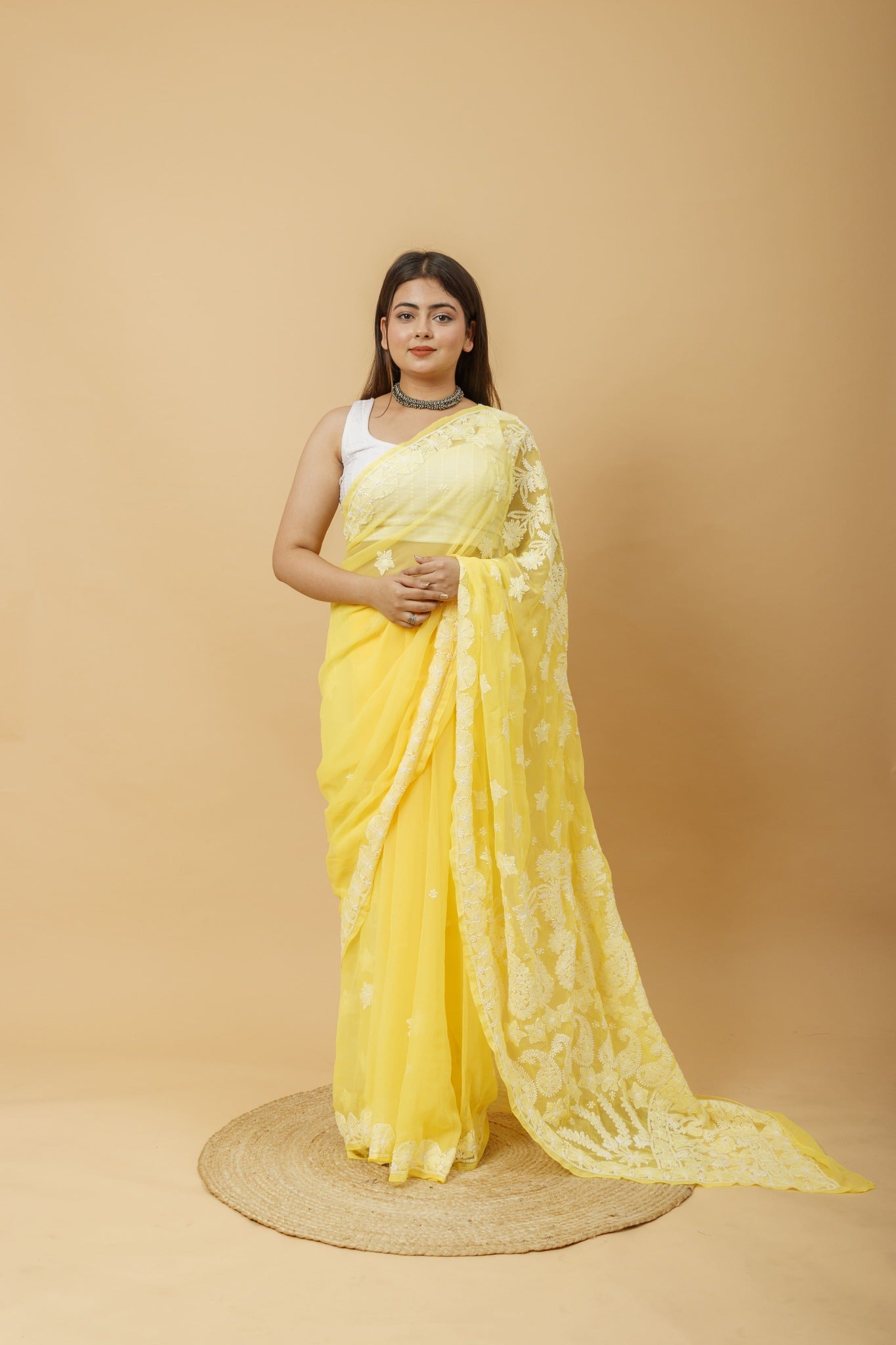 Arsh Handcrafted Semi Georgette Heavy Palla Chikan Embroidered Saree - arshchikan