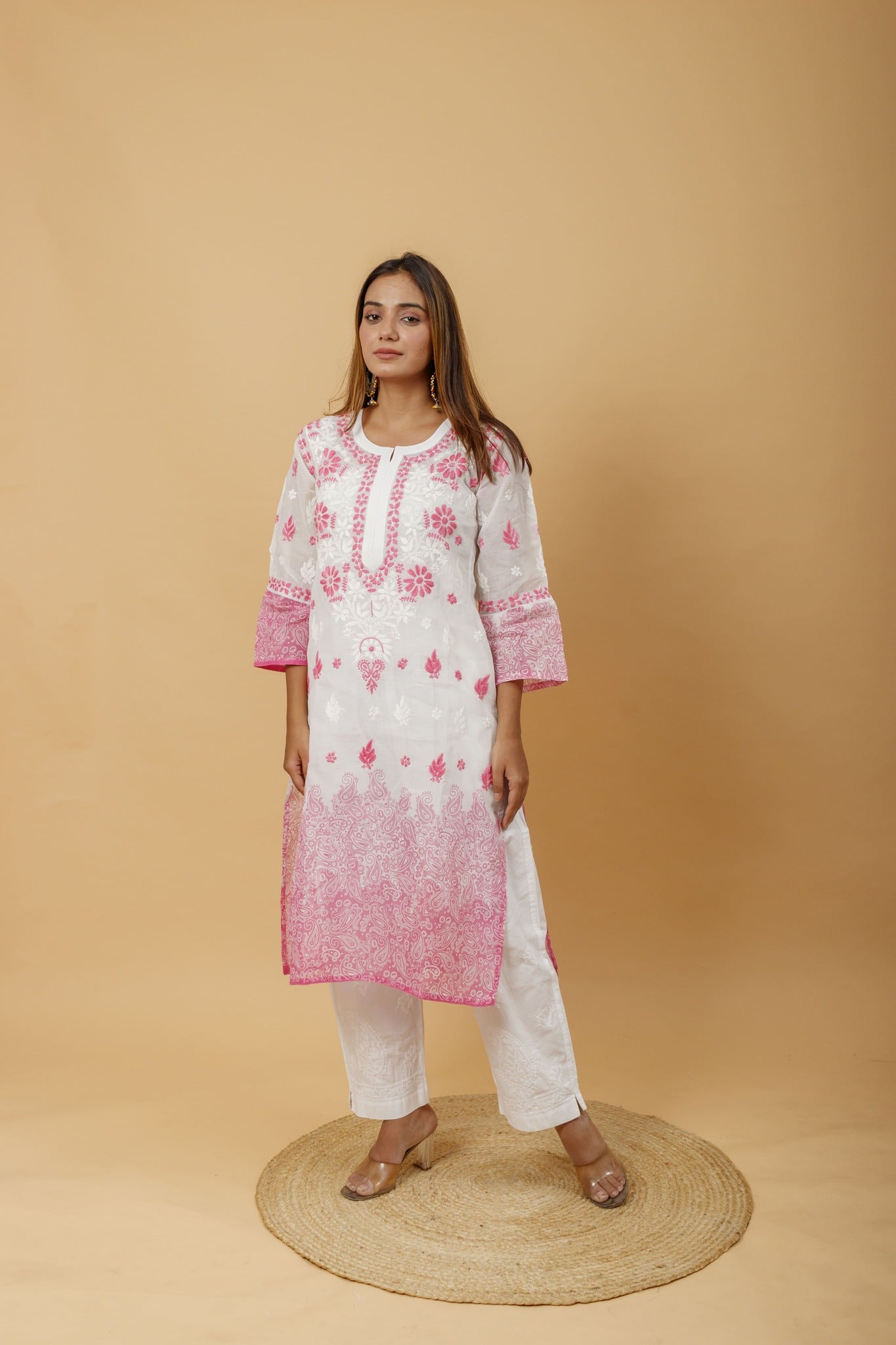 Arsh Handcrafted White and Pink Pure Cotton Chikankari Kairi Printed Kurti - arshchikan