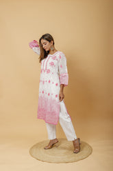 Arsh Handcrafted White and Pink Pure Cotton Chikankari Kairi Printed Kurti - arshchikan