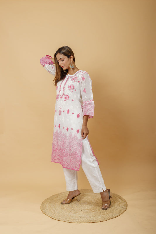 Arsh Handcrafted White and Pink Pure Cotton Chikankari Kairi Printed Kurti - arshchikan