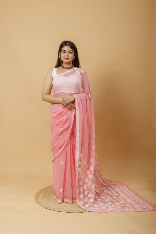 Arsh Handcrafted Semi Georgette Heavy Palla Chikan Embroidered Saree - arshchikan