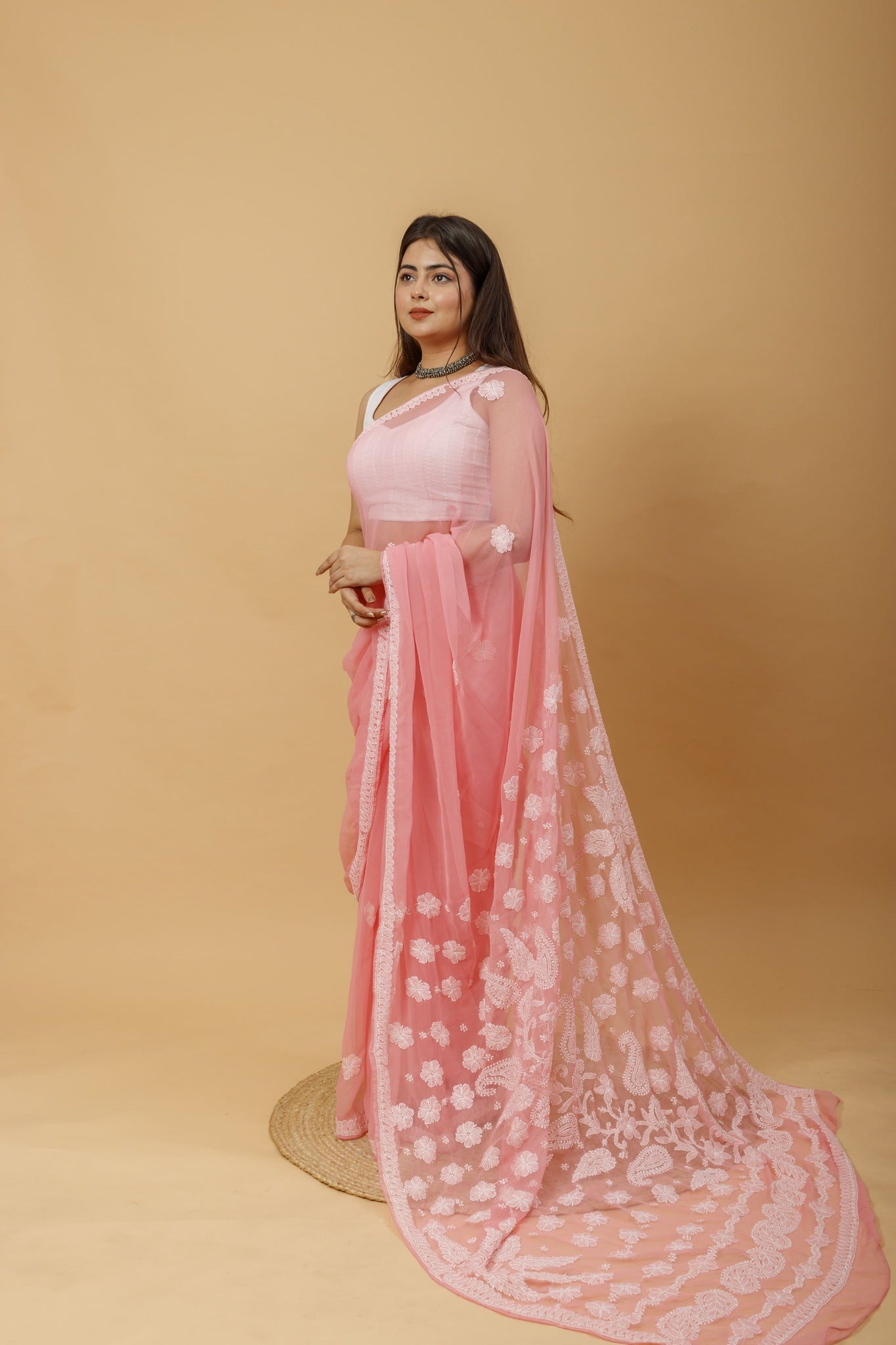 Arsh Handcrafted Semi Georgette Heavy Palla Chikan Embroidered Saree - arshchikan