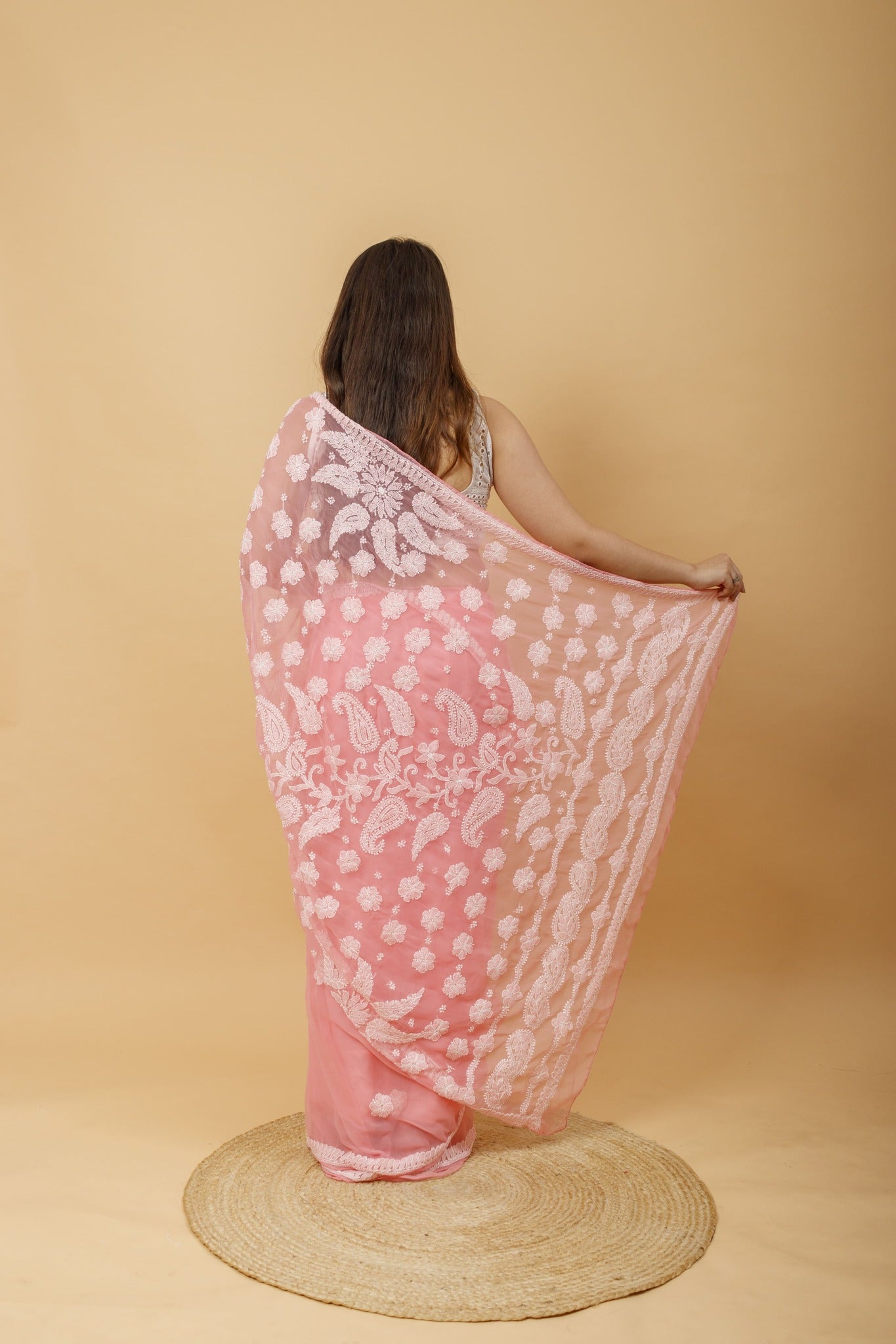 Arsh Handcrafted Semi Georgette Heavy Palla Chikan Embroidered Saree - arshchikan