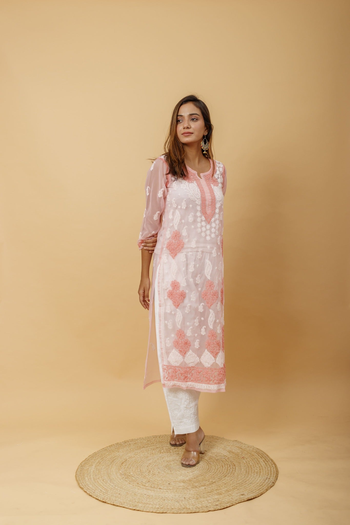 Arsh Handcrafted Peach Semi Georgette Chikan Kurti - arshchikan