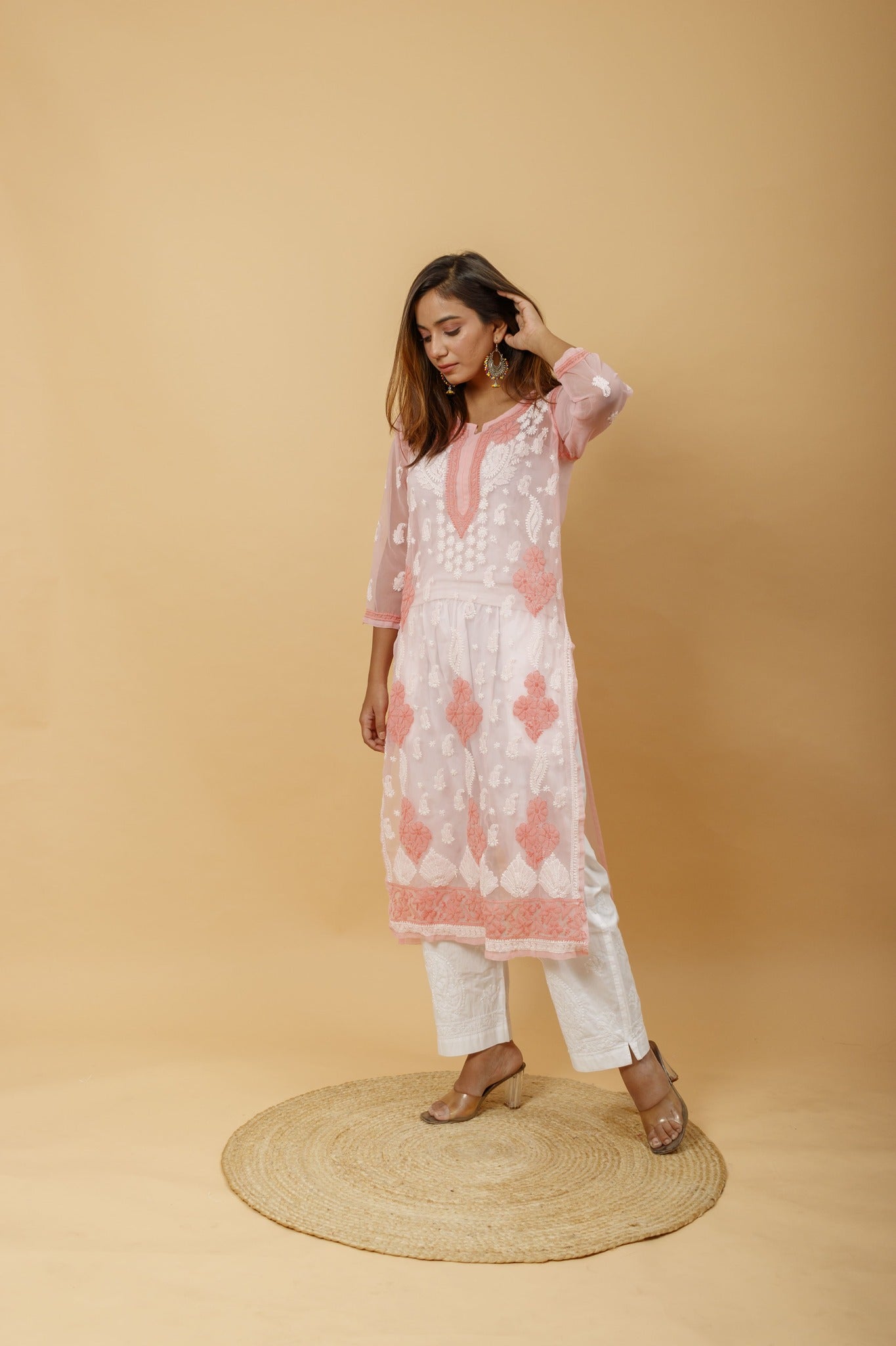 Arsh Handcrafted Peach Semi Georgette Chikan Kurti - arshchikan