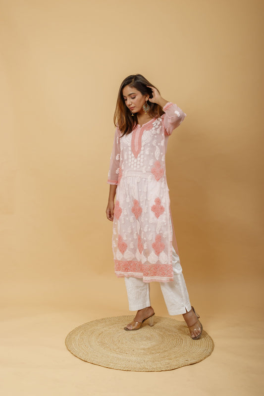 Arsh Handcrafted Peach Semi Georgette Chikan Kurti - arshchikan