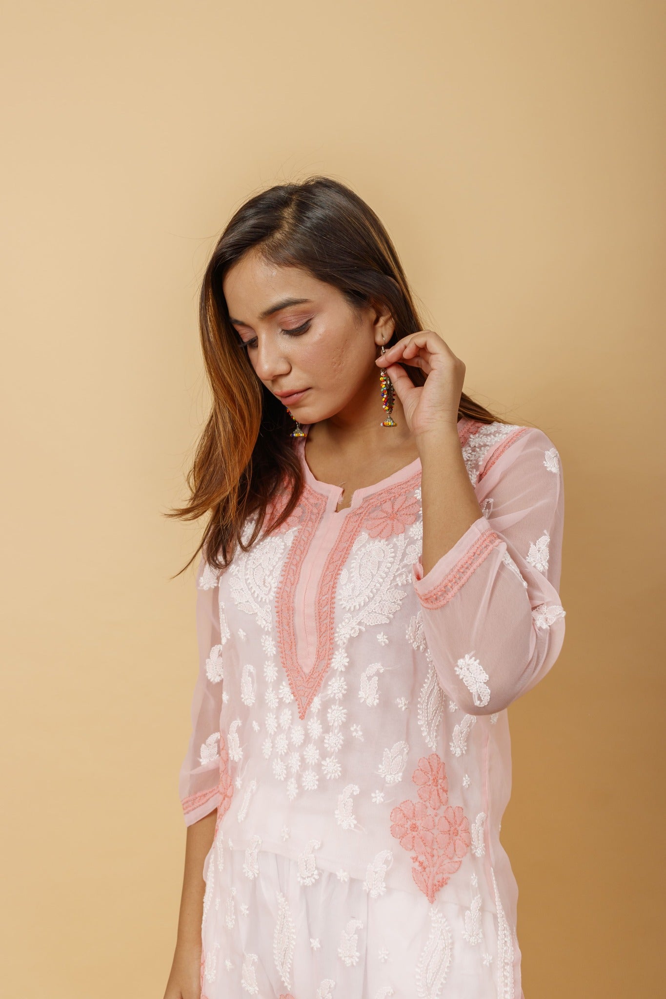 Arsh Handcrafted Peach Semi Georgette Chikan Kurti - arshchikan