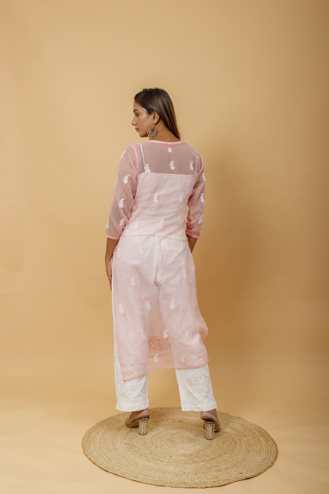 Arsh Handcrafted Peach Semi Georgette Chikan Kurti - arshchikan