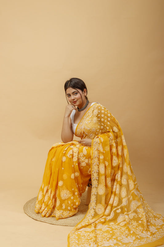 Arsh Handcrafted Semi Georgette Palla Chadi All Over Chikan Embroidered Saree - arshchikan