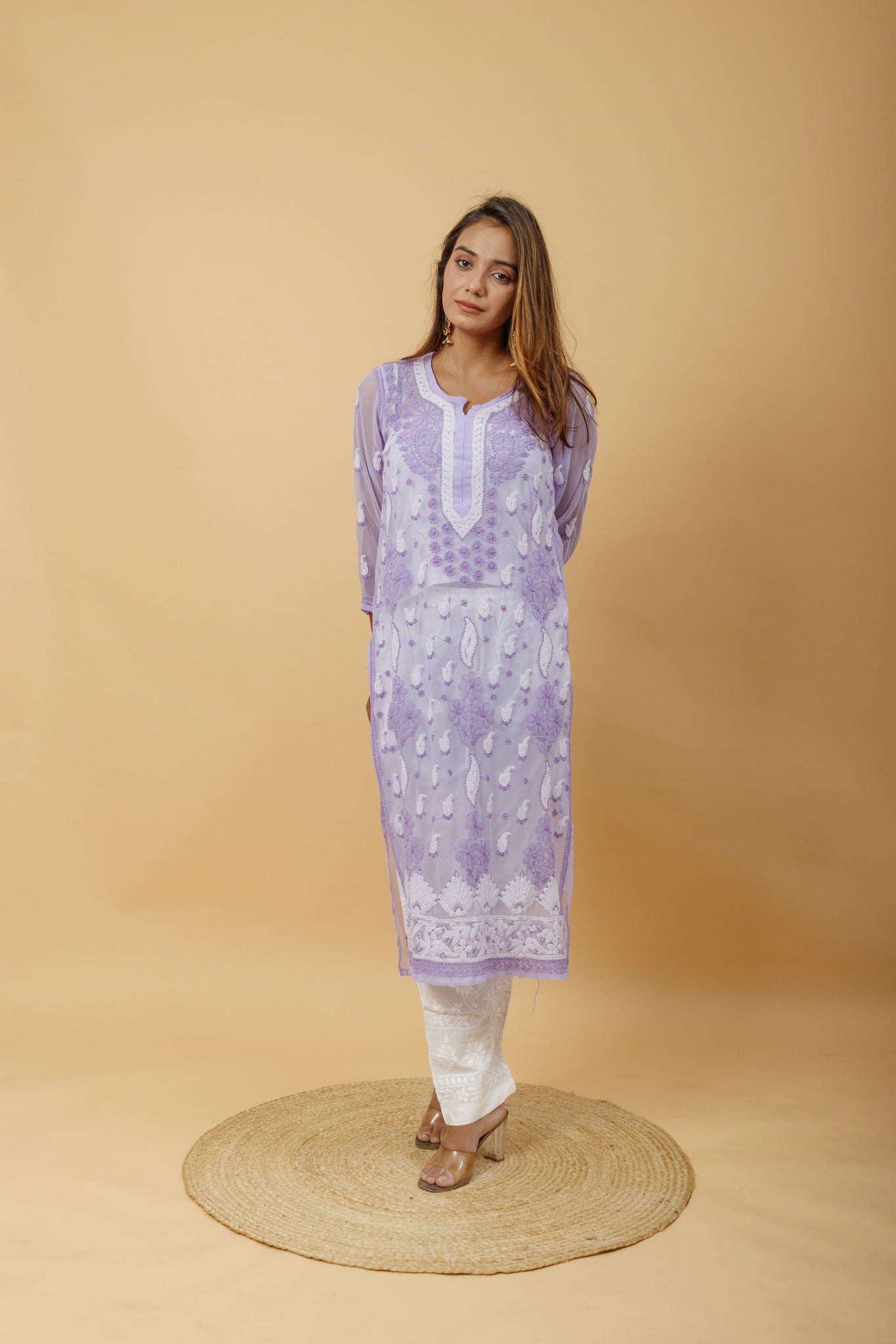 Arsh Handcrafted Purple Semi Georgette Chikan Kurti - arshchikan