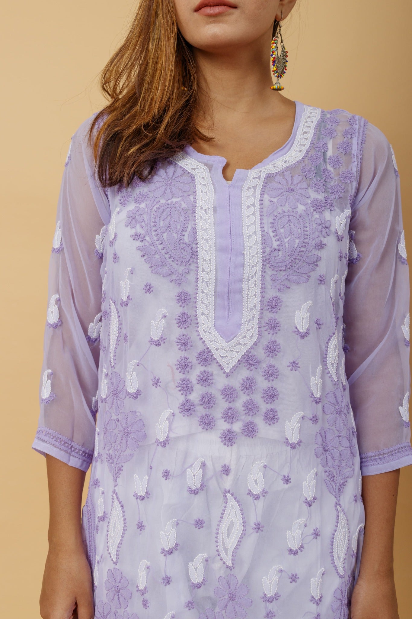 Arsh Handcrafted Purple Semi Georgette Chikan Kurti - arshchikan