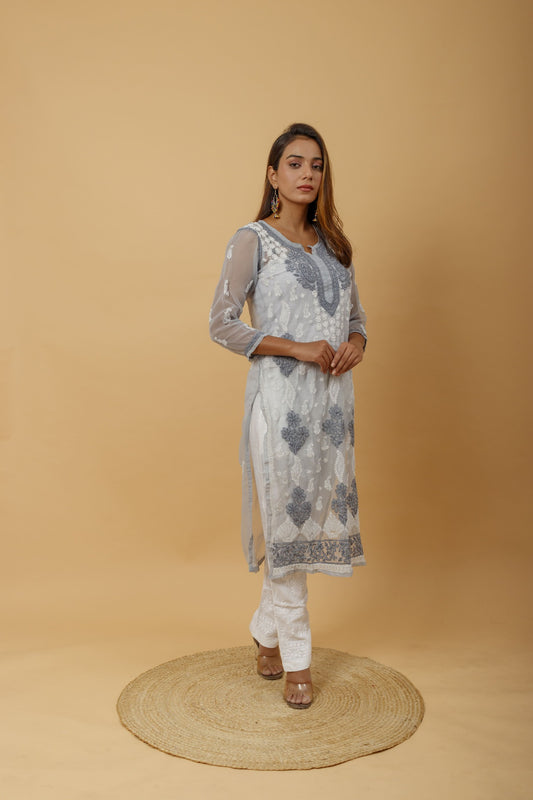 Arsh Handcrafted Grey Semi Georgette Chikan Kurti - arshchikan