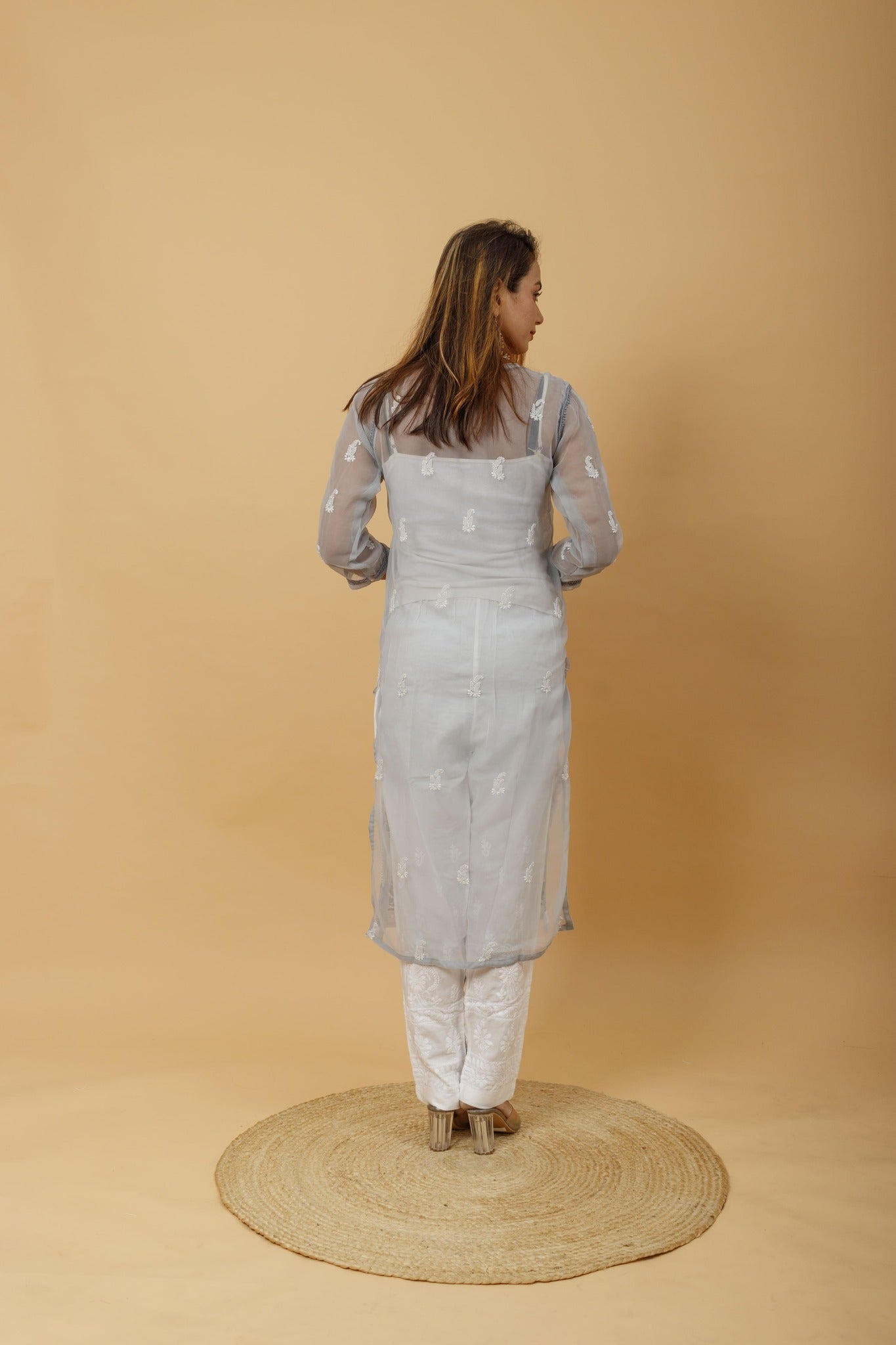 Arsh Handcrafted Grey Semi Georgette Chikan Kurti - arshchikan