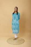 Arsh Handcrafted Peacock Blue Semi Georgette Chikan Kurti - arshchikan