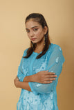 Arsh Handcrafted Peacock Blue Semi Georgette Chikan Kurti - arshchikan