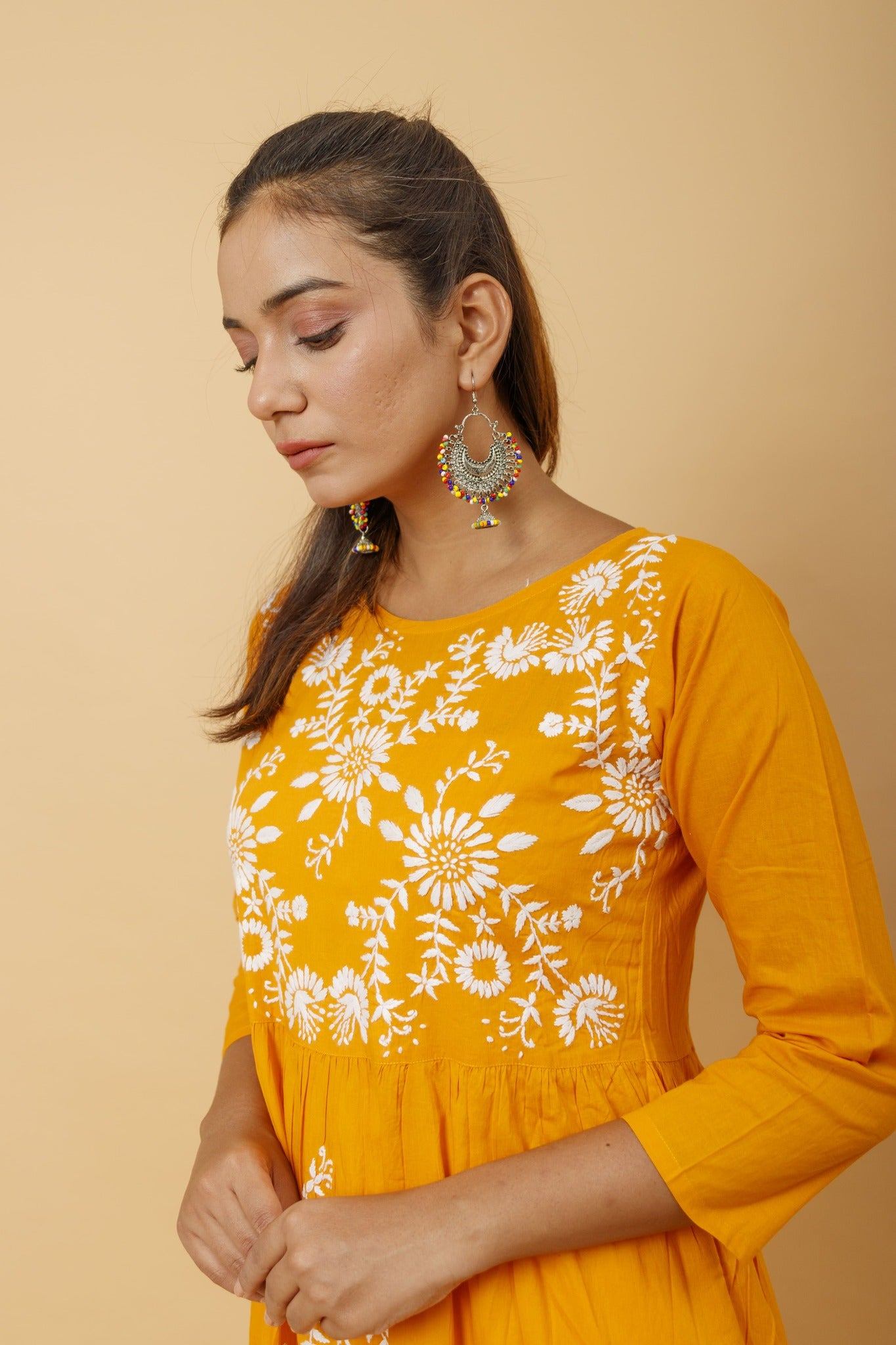Arsh Handcrafted Mustard Yellow Umbrella Pure Cotton Chikan Dress - arshchikan