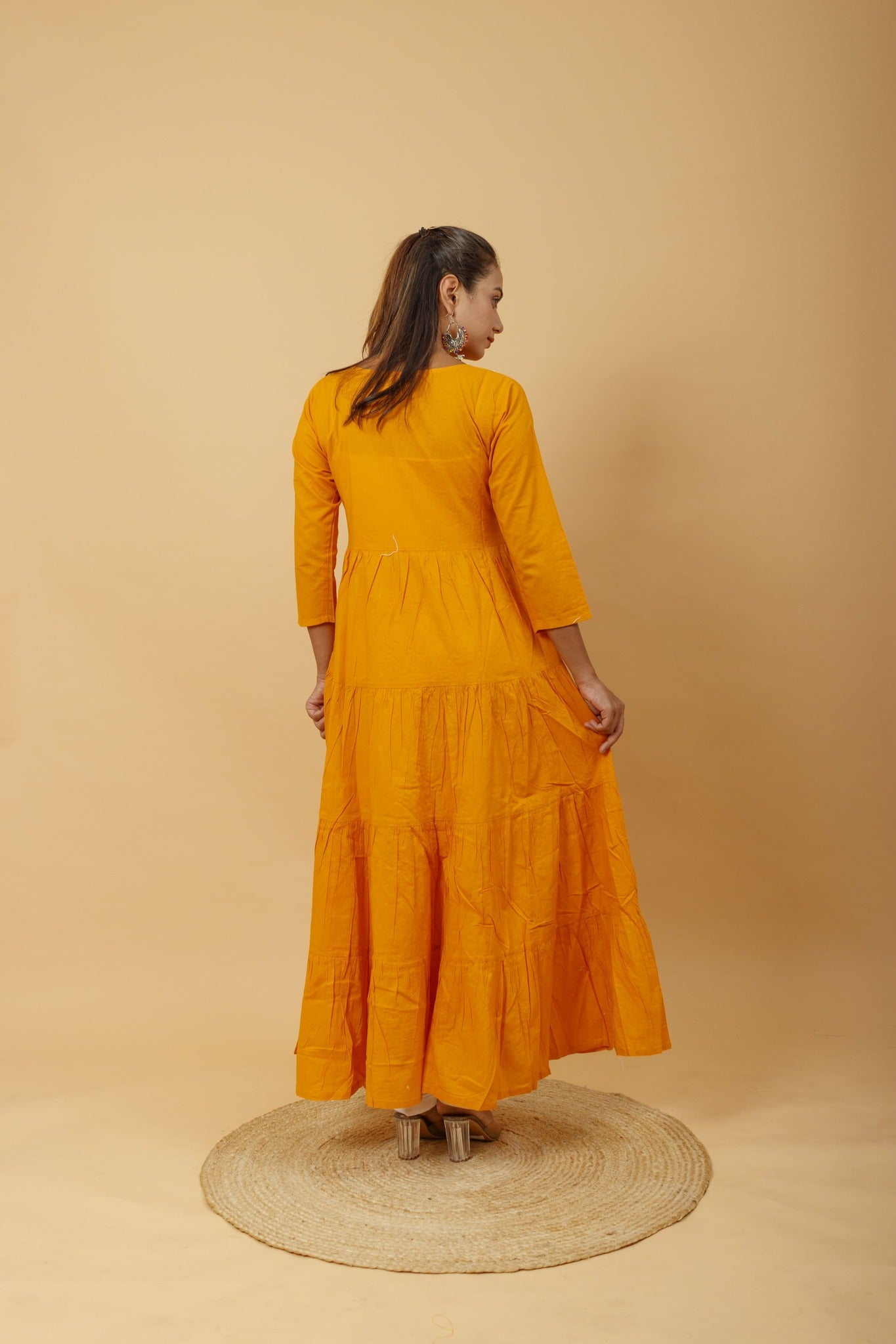 Arsh Handcrafted Mustard Yellow Umbrella Pure Cotton Chikan Dress - arshchikan