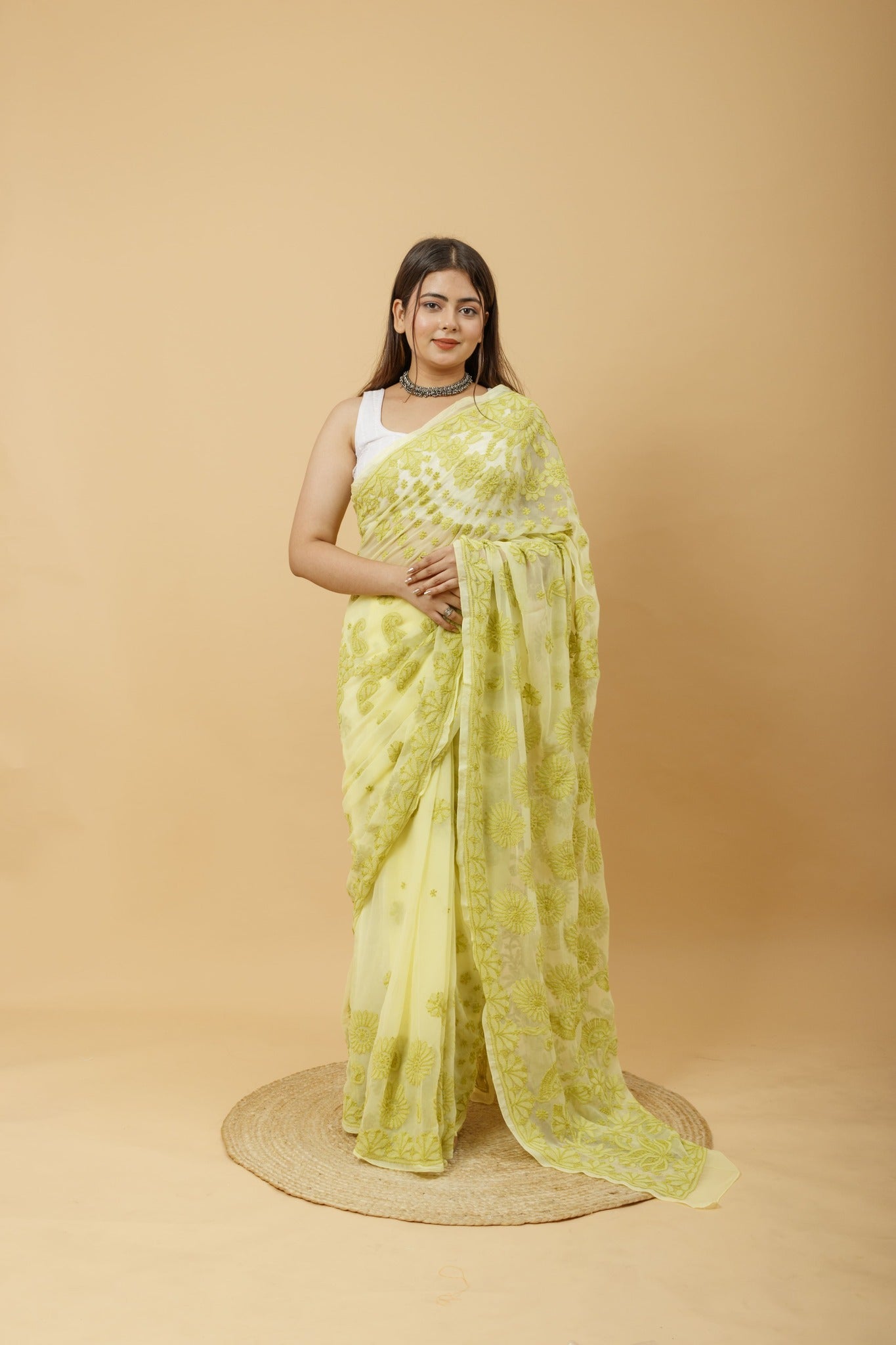 Arsh Handcrafted Semi Georgette Palla Chadi All Over Chikan Embroidered Saree - arshchikan