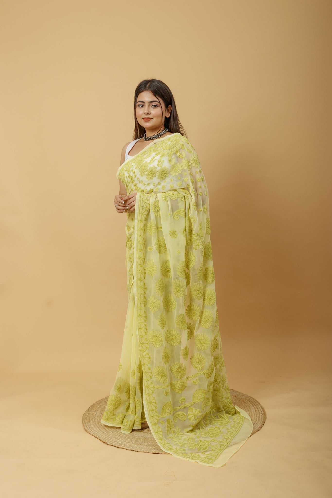 Arsh Handcrafted Semi Georgette Palla Chadi All Over Chikan Embroidered Saree - arshchikan